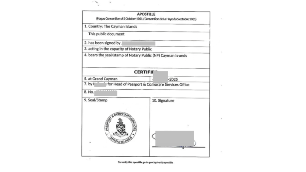Cayman Islands apostille from the Passport & Corporate Services Office