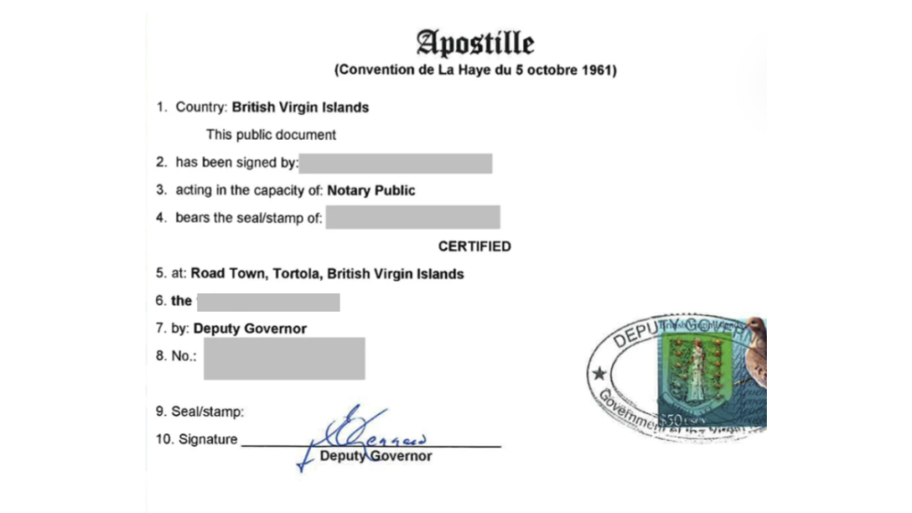 BVI apostille issued by the Office of the Deputy Governor