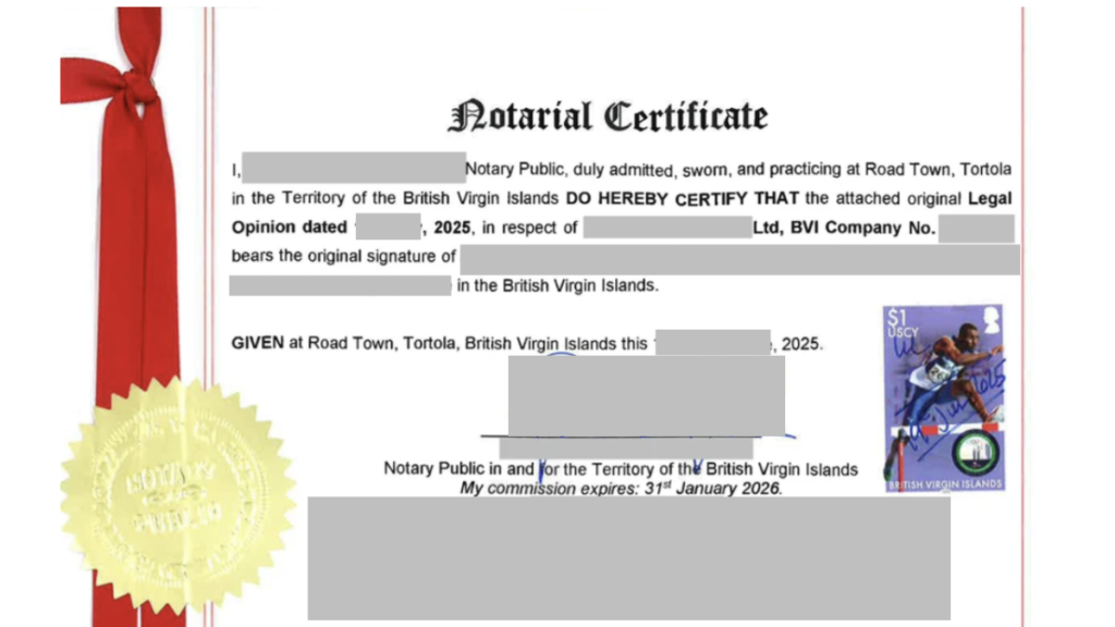 Document certified by a Notary Public in the BVI