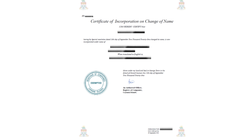 Cayman Certificate of Incorporation on Change of Name_Cayman Apostille