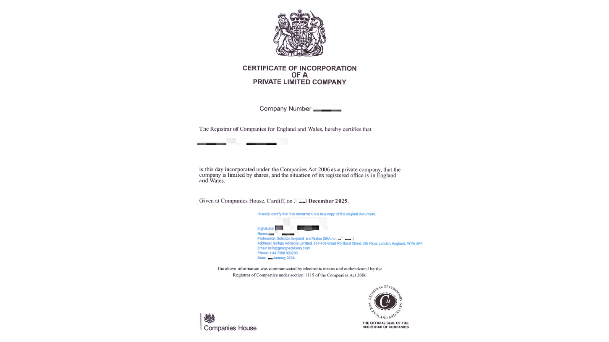 UK Company Certificate of Incorporation Apostille for Use in China