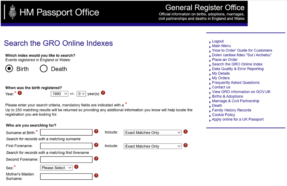GRO Index Reference Number Search (Birth)