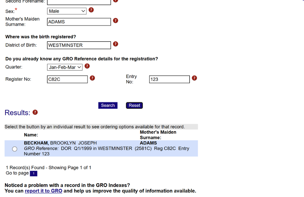 GRO Index Reference Number Search Result (Birth)