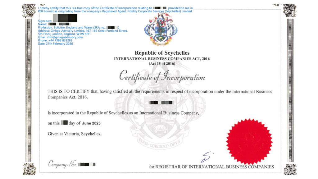 Seychelles IBC Certificate of Incorporation certified true copy solicitor