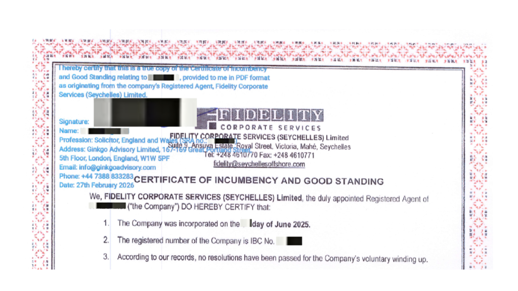 Seychelles IBC Certificate of Incumbency and Good Standing certified true copy solicitor