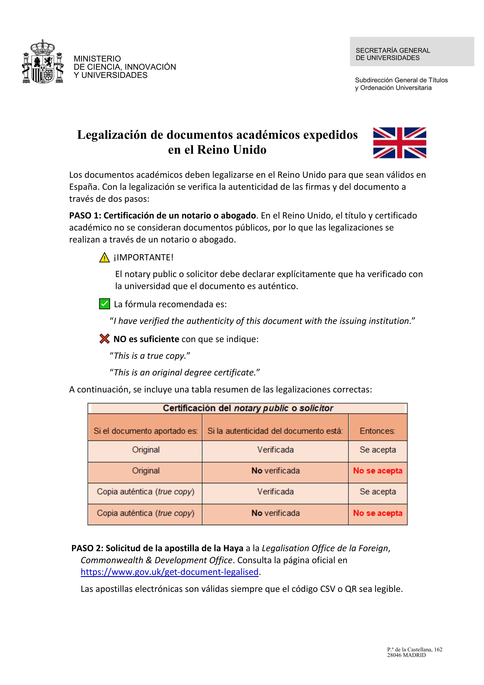 Official Spanish guidance on legalising UK academic documents for use in Spain